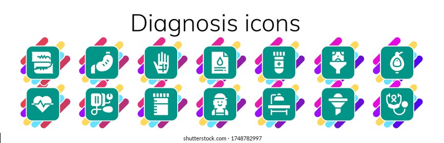 diagnosis icon set. 14 filled diagnosis icons. Included Cardiogram, Stomach, Blood pressure, Radiography, Urine, Blood test, Checker, Operating table, Funnel, Urinal, Stethoscope icons