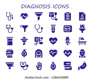  diagnosis icon set. 30 filled diagnosis icons. Simple modern icons about  - Stethoscope, Cardiogram, Funnel, Sphygmomanometer, Medical report, Blood test, Electrocardiogram, Urine