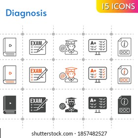 diagnosis icon set. included exam, ebook, test, student, student (1), doc icons on white background. linear, bicolor, filled styles.