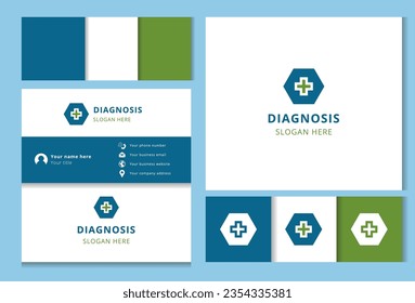 Diseño del logotipo de diagnóstico con eslogan editable. Libro de promoción de marca y plantilla de tarjeta de visita.