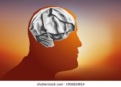 Diagnosis of mental illness and memory loss with a symbol of a male head in profile where the brain is replaced by a crumpled paper ball.