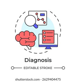 Ícone de conceito de multicor do diagnóstico. Métrica estatística, análise. Revisão de documentos. Ilustração de linha de forma redonda. Ideia abstrata. Design gráfico. Fácil de usar em infográfico, apresentação