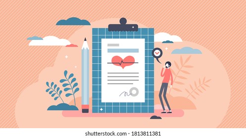 Diagnosis from patient body checkup for health examination tiny person concept. Medical statement after heart research by doctor in hospital or clinic vector illustration. Cardiogram result conclusion