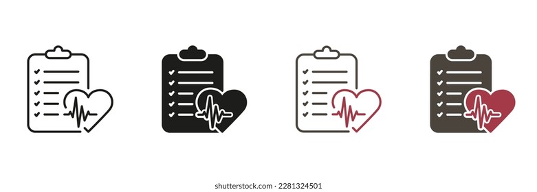 Diagnosis Report Line and Silhouette Icon Set. Health Information on Clipboard, Hospital Note, Diagnostic Document. Medical Record Black and Color Symbol Collection. Isolated Vector Illustration.