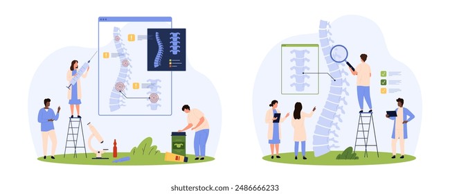 Diagnóstico de enfermedad espinal, rehabilitación ortopédica y tratamiento manual. Las personas diminutas investigan la matriz de la columna vertebral humana con dolor crónico, trabajan con la columna vertebral y la Ilustración vectorial de dibujos animados de lesiones