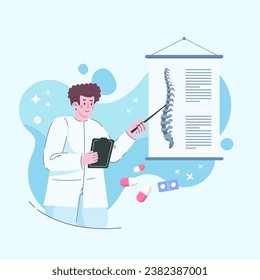 Diagnosis of spinal diseases. Treatment of back pain rheumatism deformities inflammation of the vertebrae. Skeletal surgeon. Vector illustration