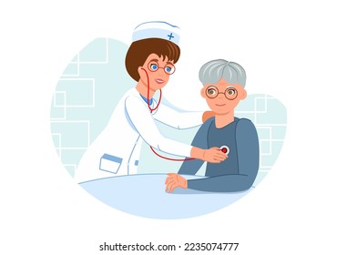 Diagnosis with a stethoscope. An elderly man at a pediatrician's appointment. Health and medicine theme. Cartoon drawing under a mask. Used on websites, stickers, posters, advertisements.