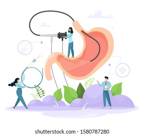 Diagnosis of the stomach using endoscopy. Human stomach with endoscope inside, tiny doctors characters. Vector concept in cartoon flat style.