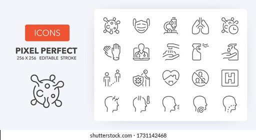 Diagnosis, symptomatology and prevention of coronavirus. Outline symbol collection. Editable vector stroke. 256x256 Pixel Perfect scalable to 128px, 64px...