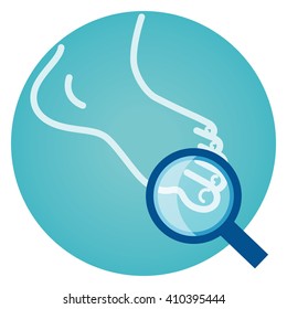 Diagnosis of toenails vector icon. The magnifier can be moved