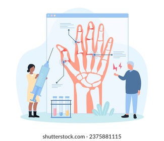 Diagnóstico y tratamiento de la ilustración vectorial de la artritis. Un pequeño médico de caricatura que examina la radiografía infográfica de pacientes ancianos con artrosis, rigidez y dolor en las articulaciones de los dedos para el tratamiento