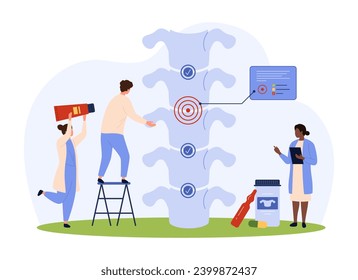 Diagnosis and treatment of back pain symptom vector illustration. Cartoon tiny people check location of inflammation in human spine between vertebrae, medical therapy for spinal problems from doctors