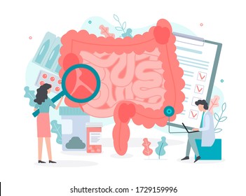 Diagnosis and treatment of the bowel: intestinal inflammation, enteritis, colitis, dysbacteriosis. Intestine health. Medical concept with tiny people. Flat vector illustration.