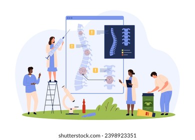 Diagnosis and treatment of chronic spinal diseases vector illustration. Cartoon tiny people check xray of spine for problem vertebrae, therapy for inflammation and intervertebral cartilage hernia