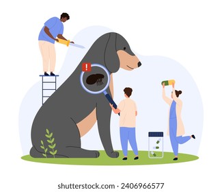 Diagnosis and treatment of flea infestation in veterinary clinic. Tiny people examine skin and fur of puppy through magnifying glass, control insects with medical drops cartoon vector illustration