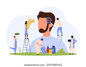 Diagnosis and treatment of flu, cold symptoms vector illustration. Cartoon tiny people check health of man with infrared thermometer and magnifying glass, diagnose high temperature, fever and headache