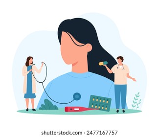 Diagnosis and treatment of flu and colds, respiratory diseases. Tiny people check lung health with stethoscope, doctors diagnose symptoms of disease to treat with pills cartoon vector illustration
