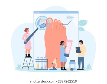 Diagnosis and treatment of fungal infection and nail disease, onychomycosis vector illustration. Cartoon tiny doctors with magnifying glass diagnose microbes on feets skin, advise antifungal treatment