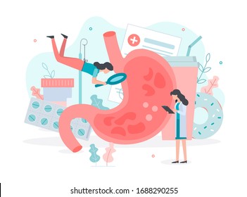 Diagnosis and treatment of gastritis. Refusal from harmful food. Stomach health. Medical concept with tiny people. Flat vector illustration.