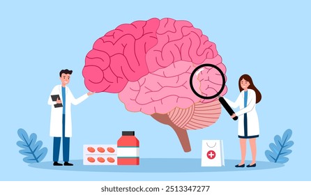 Diagnóstico e tratamento da cefaleia. Exame médico da doença cerebral do paciente em neurologia. Médico com pesquisa de lupa enorme cérebro em ilustração de vetor de design plano.