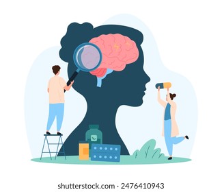 Diagnosis and treatment of headache, hospital examination of patients brain disease in neurology. Tiny people with magnifying glass research huge brain inside human head cartoon vector illustration