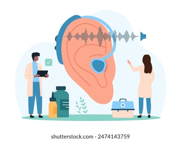 Diagnóstico y tratamiento de problemas auditivos y sordera, audiología. Las personas pequeñas examinan el oído humano grande con audífono y discapacidad, los audiólogos comprueban la Ilustración vectorial de las ondas sonoras de dibujos animados