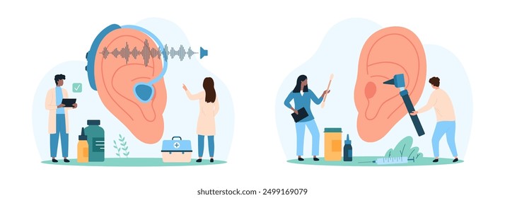 Diagnosis and treatment of hearing problems set. Tiny people examine big human ear with hearing aid and deafness disability, check ears infection at otoscope examination cartoon vector illustration