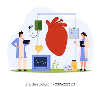 Diagnosis and treatment of heart disease, cardiology vector illustration. Cartoon tiny people check electrocardiogram and heartbeat of patient for cardiovascular checkup on medical examination