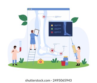 Diagnosis and treatment of joint diseases by orthopedists. Tiny people study xray of patients leg with inflammation and pain in knee and foot to diagnose arthritis cartoon vector illustration