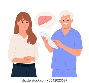 Diagnosis and treatment of liver diseases.Doctor talks to a patient about hepatitis. July is hepatitis awareness month. Consultation of a gastroenterologist. Vector illustration in flat style