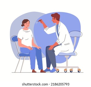 Diagnosis and treatment of neurological diseases. Character of neurologist checks eye reflexes of female patient. Visit to doctor. Flat cartoon. Vector.