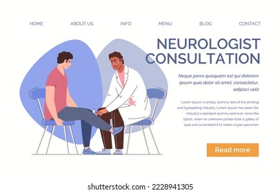 Diagnosis and treatment of neurological diseases. Character of neurologist checks patient reflexes with medical hammer. Flat cartoon illustration. Vector. Web template, landing page.