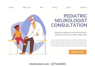 Diagnosis, treatment of neurological diseases. Neurologist checks girl child reflexes with medical hammer. Vector characters flat cartoon illustration. Web template, landing page, website.