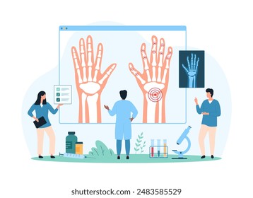 Diagnosis and treatment of osteoarthritis, rheumatoid arthritis and rheumatism, awareness of joint diseases. Tiny people examine xray of patients wrists with inflammation cartoon vector illustration