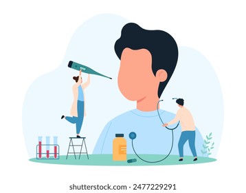 Diagnosis and treatment of respiratory disease, influenza and infection in children. Tiny people with stethoscope and thermometer check health and flu symptoms of sick boy cartoon vector illustration