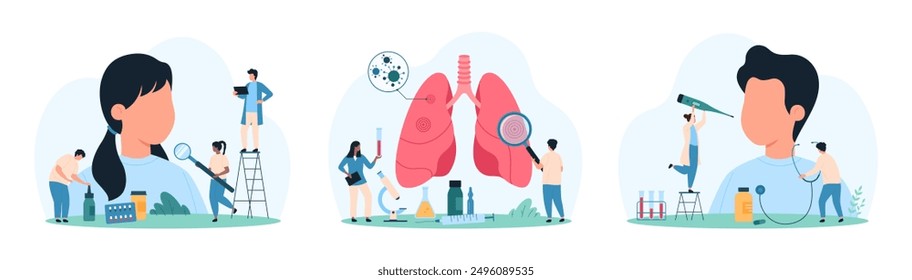 Diagnose und Behandlung von Atemwegserkrankungen eingestellt. Winzige Menschen mit Lupe untersuchen menschliche Lunge, überprüfen die Gesundheit von kranken Jungen und Mädchen mit Stethoskop und Thermometer Cartoon Vektorgrafik