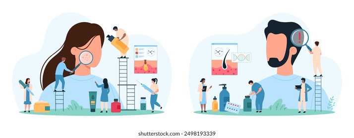 Diagnosis and treatment of skin and hair problems, dermatology set. Tiny people study female face skin through magnifying glass to check acne, alopecia on male patient head cartoon vector illustration