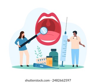 Diagnosis and treatment of sore throat, ENT infection with bacteria and viruses, inflammation of tonsils. Tiny people with magnifying glass examine open human mouth cartoon vector illustration