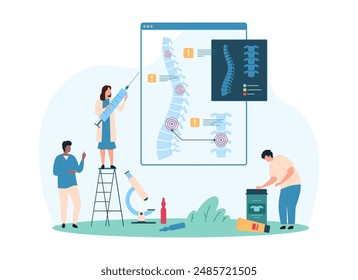 Diagnóstico y tratamiento de las enfermedades de la columna vertebral. Las personas diminutas comprueban la presencia de inflamación en los discos intervertebrales en la tabla de anatomía de la columna vertebral humana, sosteniendo la Ilustración vectorial de dibujos animados con jeringa de inyección