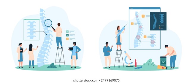 Diagnosis and treatment of spinal column diseases. set. Tiny people check for inflammation in human intervertebral discs on medical anatomy chart and xray of patient cartoon vector illustration