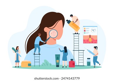 Diagnosis and treatment of teens acne, dermatology and cosmetology. Tiny people study girls face skin through magnifying glass, doctor check pimples and inflammation cartoon vector illustration