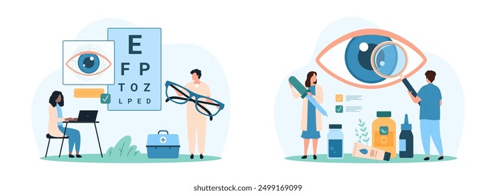 Diagnosis and treatment of vision diseases, ophthalmology set. Tiny people with magnifying glass examine human eye, opticians test eyesight for glasses prescription cartoon vector illustration