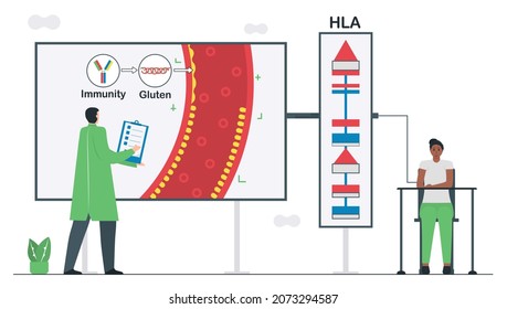 Diagnostic about celiac disease. Gluten stimulates immunity to damage small intestine wall. Normal villi is damaged to become villous atrophy. HLA Testing. Isolated vector illustration.