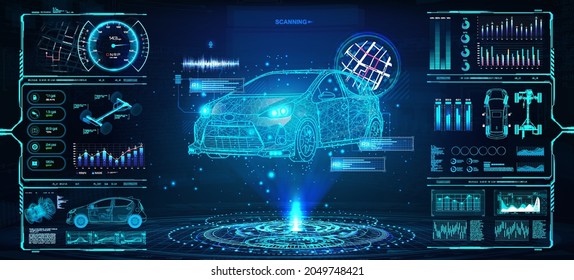 Diagnostic Auto in HUD style. Scan and Maintenance Automobile in 3D visualisation hologram. Hi-tech Car Service with HUD interface. Dashboard in auto service, diagnostic car, repairs cars. Vector 