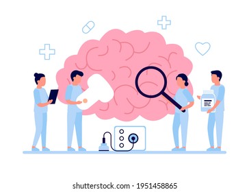 Diagnostic checkup of brain health by doctor. Doctors doing medical research, examination, check health. Concept of brain failure, diseases mental. Medical brain disease treatment. Vector illustration