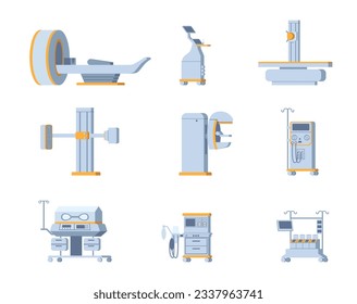 Diagnostic equipment set. Clinical medical electronic devices for fluorography and cardiography, tomography and examinations of patients. Cartoon flat vector collection isolated on white background