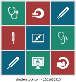 Diagnostic icon. collection of 9 diagnostic filled icons such as stethoscope, themometer, mri, x-ray on display. editable diagnostic icons for web and mobile.