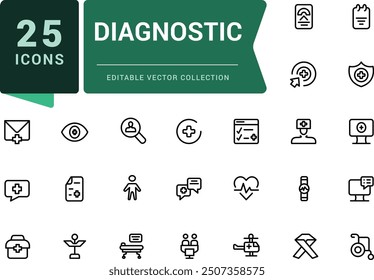 Diagnostic icon collection. Set of outline icons related to healthcare, medical, medicine. Minimalist thin linear web ui icon set. Simple editable vector stroke illustration.