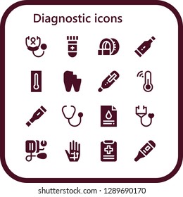  diagnostic icon set. 16 filled diagnostic icons. Simple modern icons about  - Stethoscope, Blood test, Tomography, Thermometer, Broken tooth, Blood pressure, Radiography, Medical report