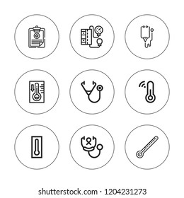 Diagnostic icon set. collection of 9 outline diagnostic icons with blood pressure gauge, medical history, thermometer icons. editable icons.